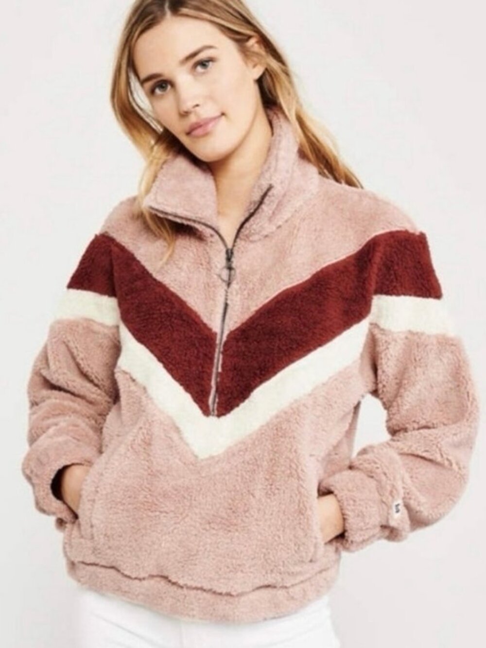Abercrombie Sherpa Pullover Pink Red Chevron Quarter Zip Fleece Womens XXS